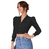 Black polyester puff sleeves top with lapel collar - solid design for women's fashion
