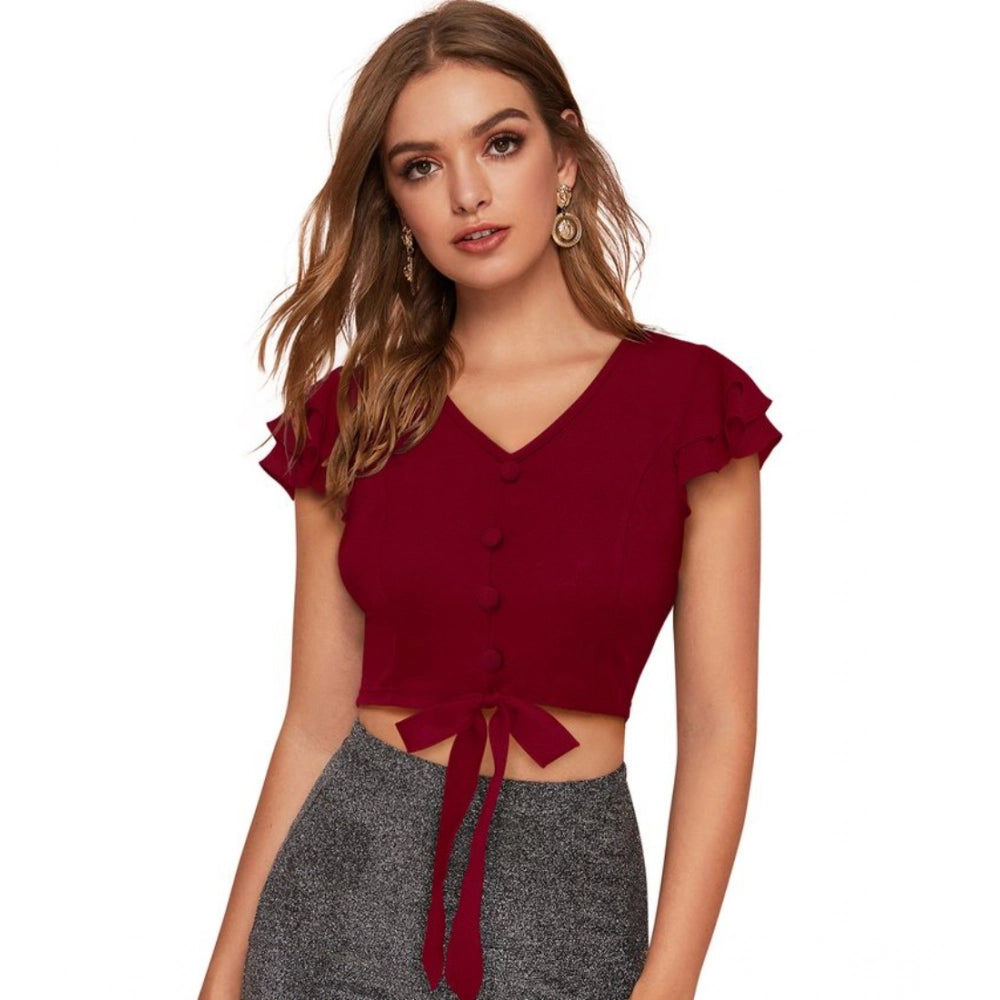 Maroon polyester short sleeves V-neck top - solid design for women's casual wear