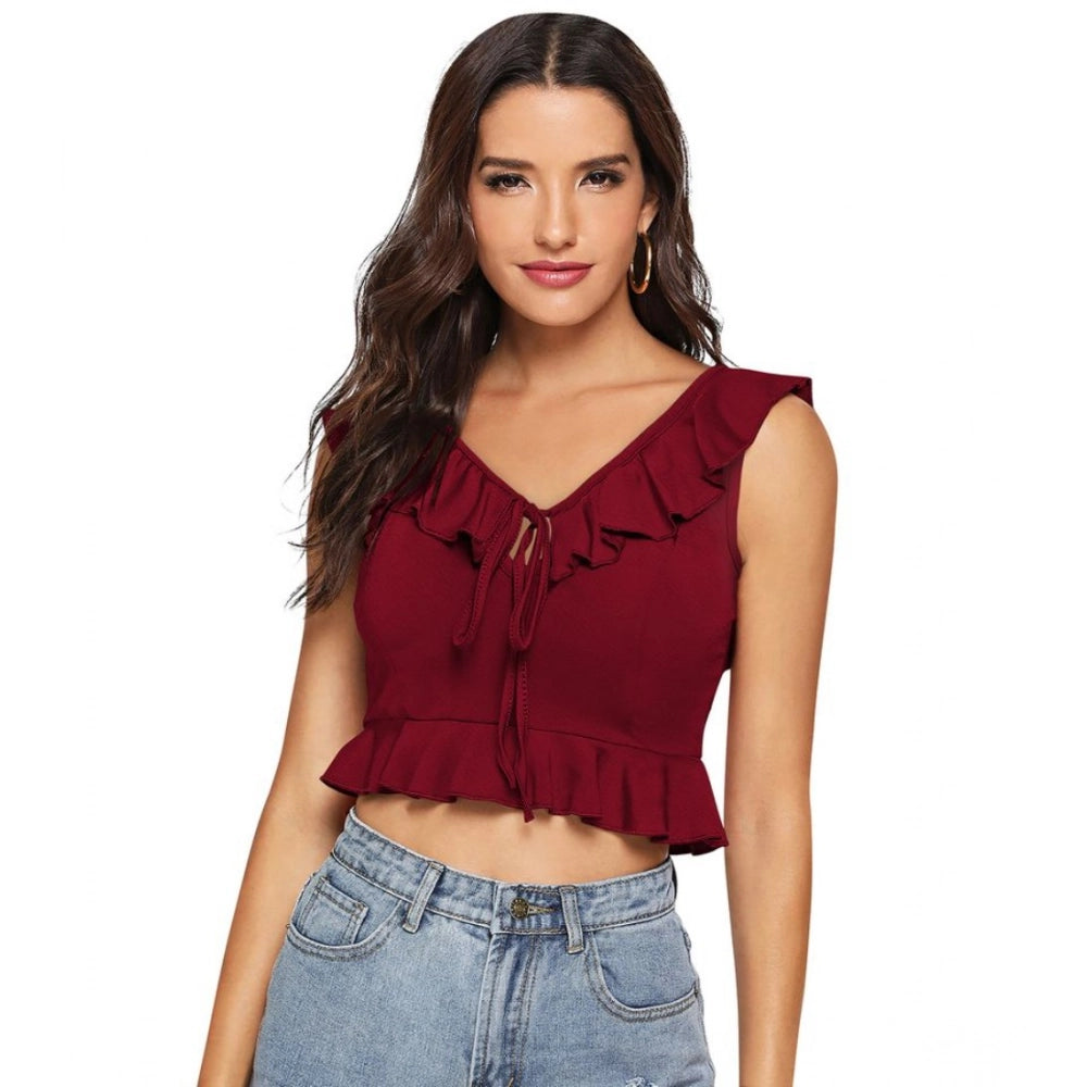 Maroon polyester sleeveless ruffle neck top for women's fashion