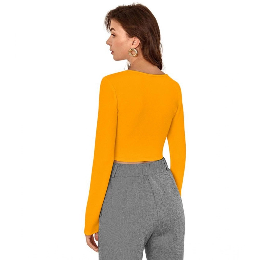 Yellow polyester solid full sleeves square neck top for women