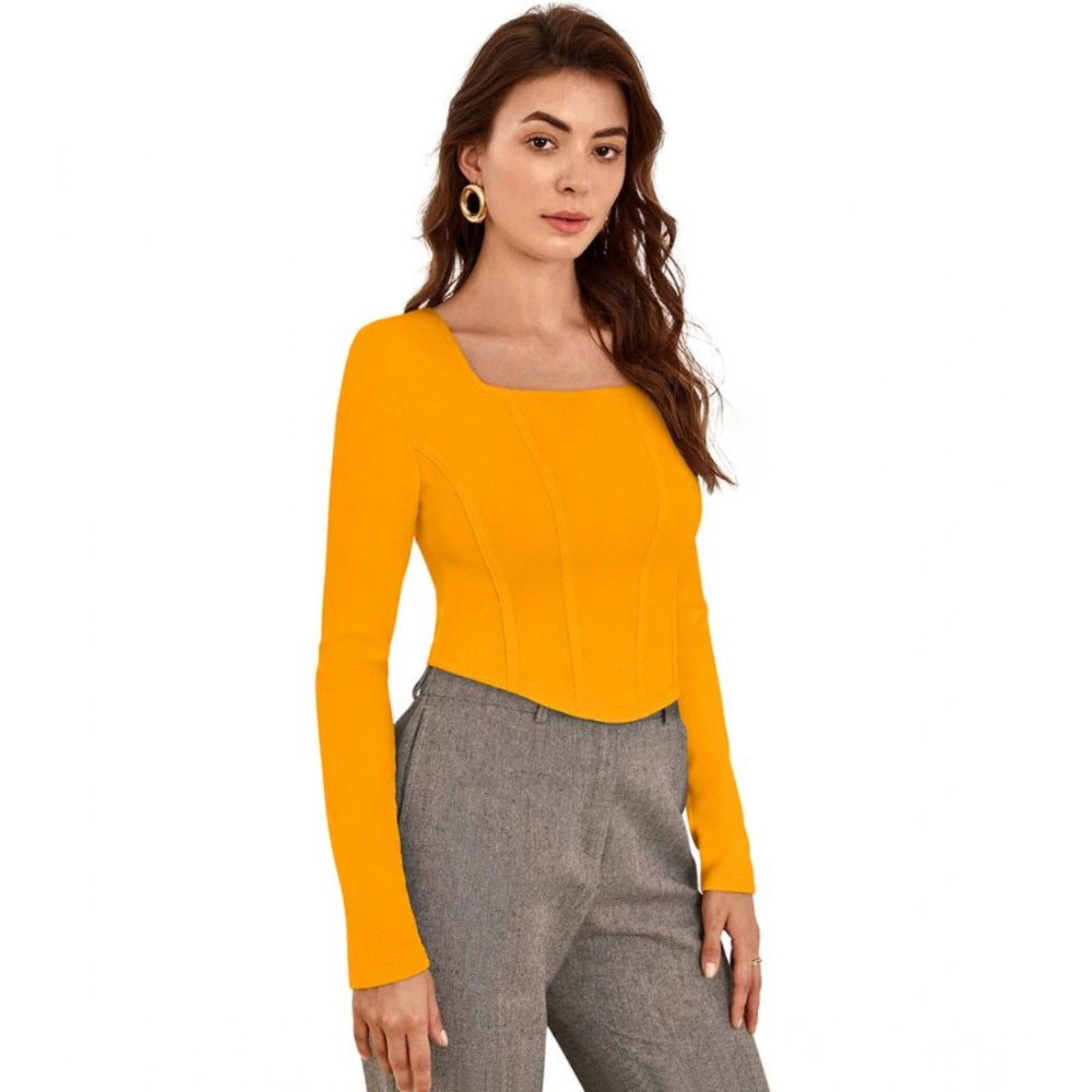Yellow polyester solid full sleeves square neck top