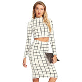 White polyester checkered full sleeves crop top & skirt set, vibrant pattern for women's fashion