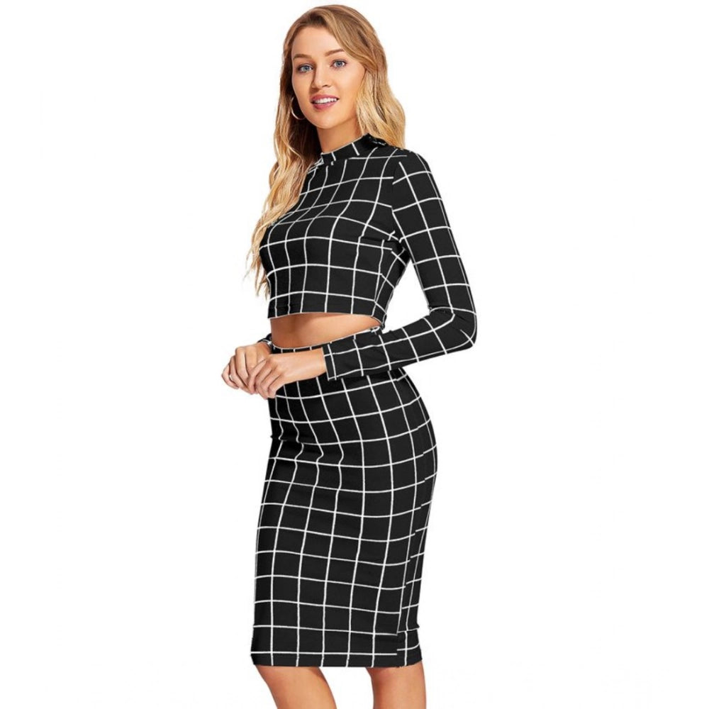 Black polyester checkered crop top skirt set with full sleeves and stand collar