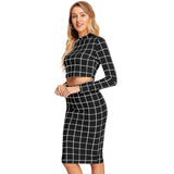 Black polyester checkered crop top skirt set with full sleeves and stand collar