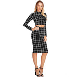 Black polyester checkered crop top skirt set, full sleeves, stand collar style