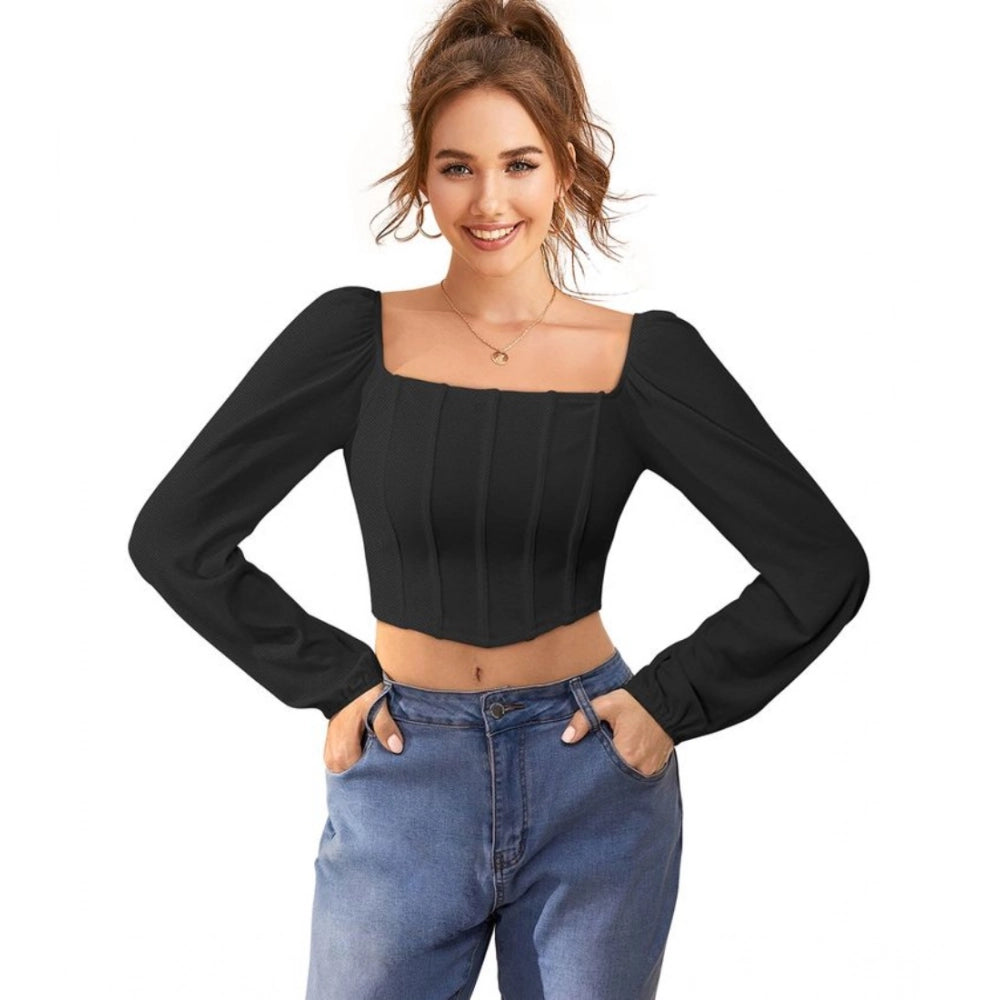 Black polyester women's long-sleeve square neck top, solid design on model