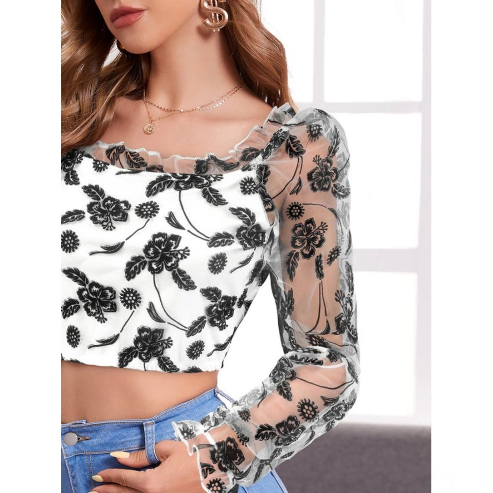 White polyester solid full sleeve square collar top for women, versatile fashion essential
