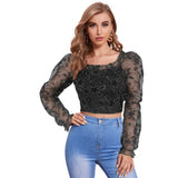 Black polyester solid full sleeves square collar top for women's fashion, black clothing accessory on hanger