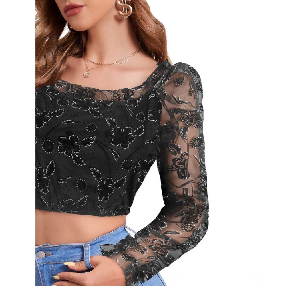 Black polyester solid full sleeve square collar top for women's fashion