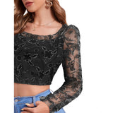 Black polyester solid full sleeve square collar top for women's fashion