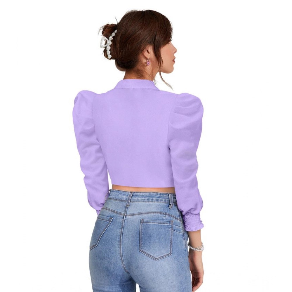Purple polyester puff sleeves top with lapel collar, perfect for fashionable women's casual wear