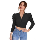 Black polyester puff sleeves top with lapel collar - solid design for women's fashion