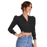 Black polyester puff sleeve top with lapel collar, solid design