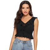Black polyester solid sleeveless ruffle neck top for women's fashion