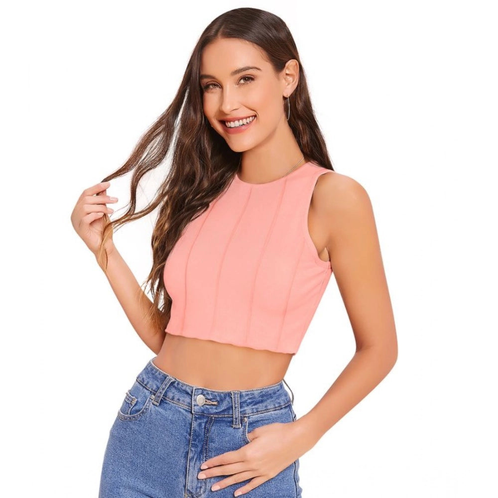 Peach polyester solid sleeveless round neck top for women's fashion