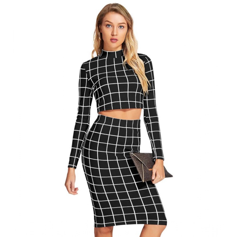 Black polyester checkered crop top & skirt set with full sleeves and stand collar
