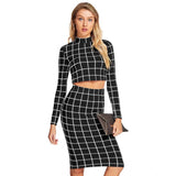 Black polyester checkered crop top & skirt set with full sleeves and stand collar
