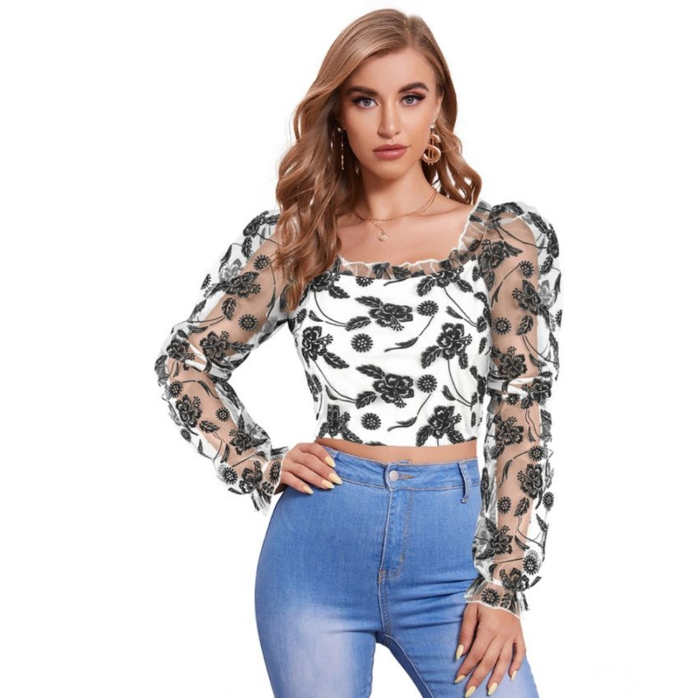 White polyester solid full sleeve square collar top for women's fashion