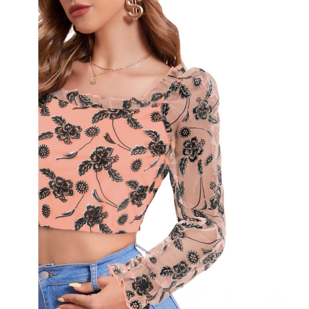 Peach polyester solid full-sleeve square collar top on hanger for women's fashion