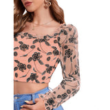 Peach polyester solid full-sleeve square collar top on hanger for women's fashion
