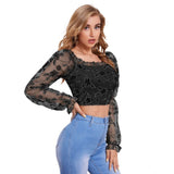 Black polyester solid square collar top for women, full sleeves, suitable for various occasions
