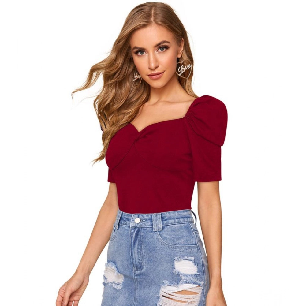 Maroon polyester solid puff short sleeves sweetheart neck top for women's fashion