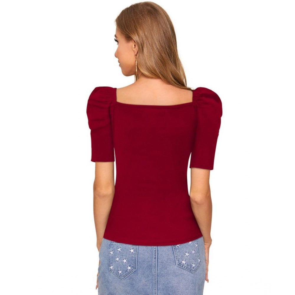 Maroon polyester puff short sleeves sweetheart neck top for women, solid pattern on display