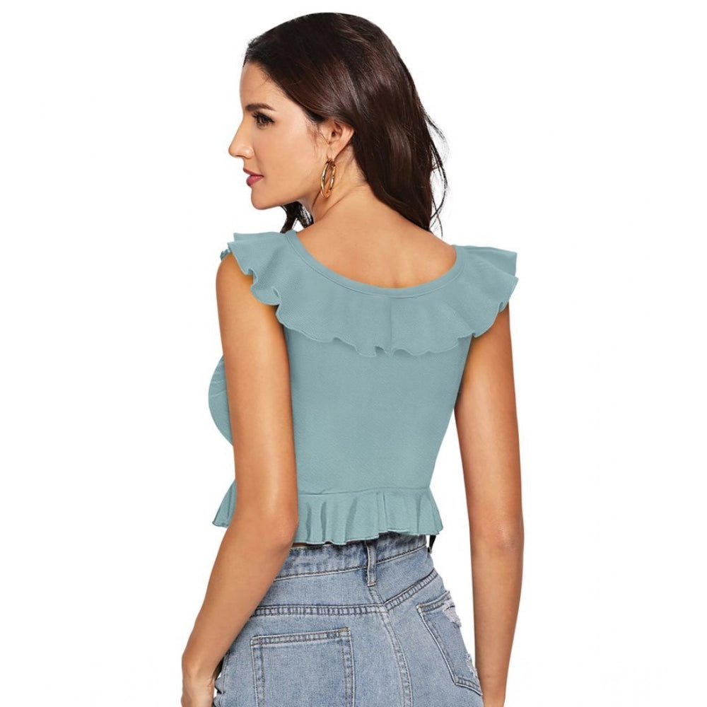 Pista polyester sleeveless ruffle neck top for women, solid design