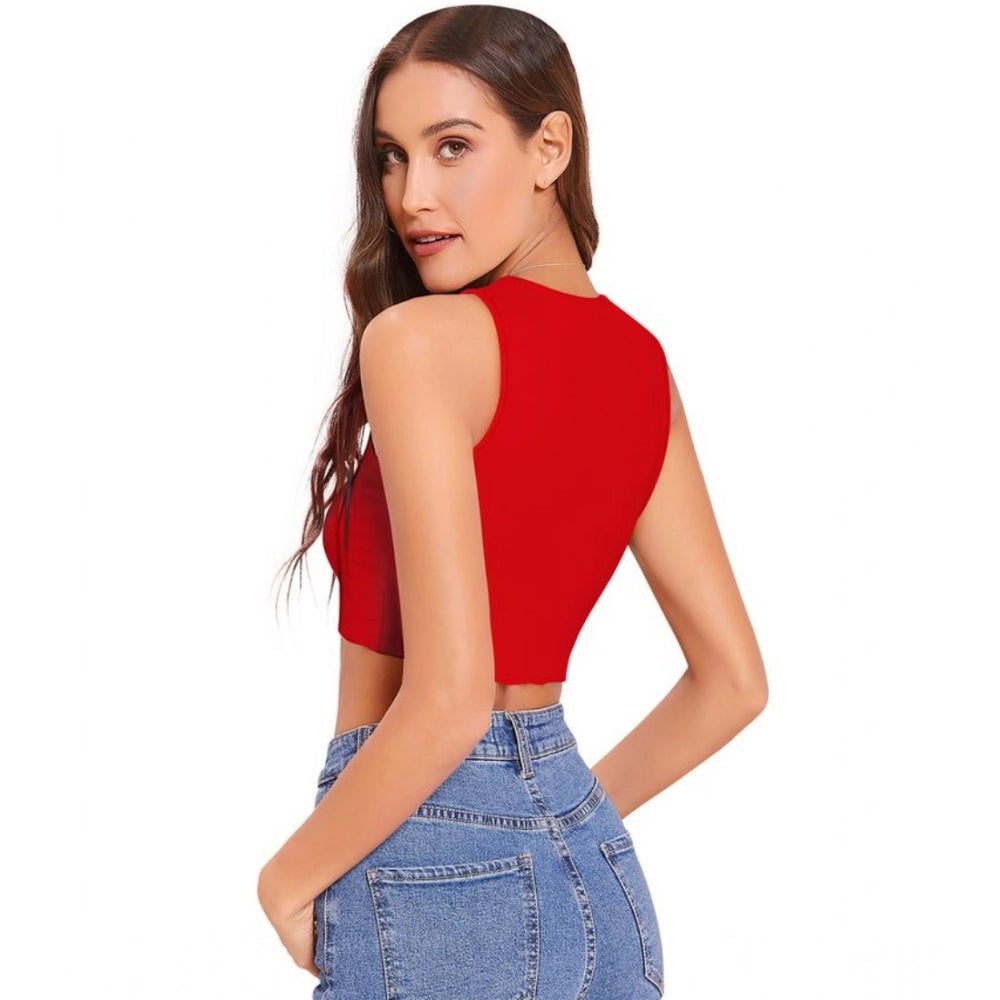 Red polyester solid sleeveless round neck top for women