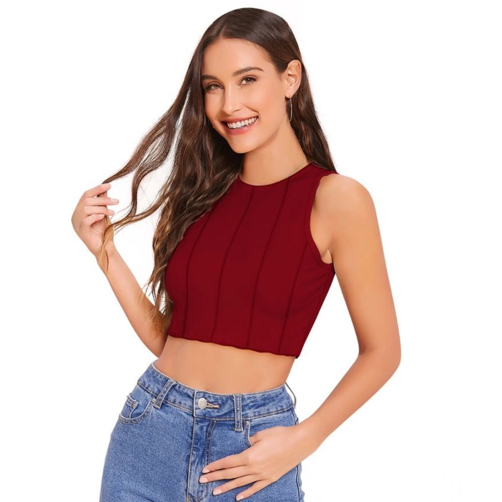 Maroon polyester solid sleeveless round neck top for women's casual wear
