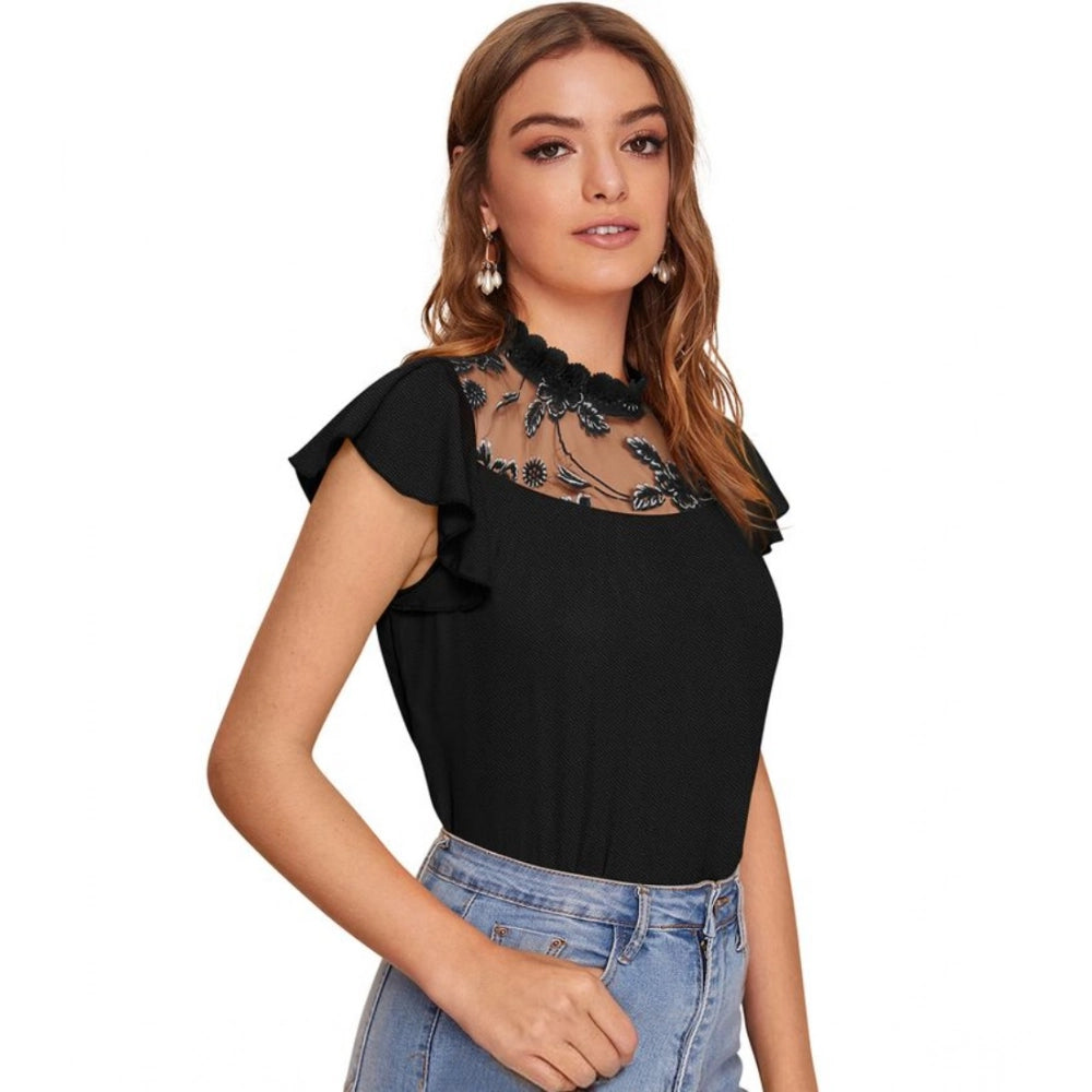 Black polyester cap sleeve sweetheart neck top, solid design for women's fashion