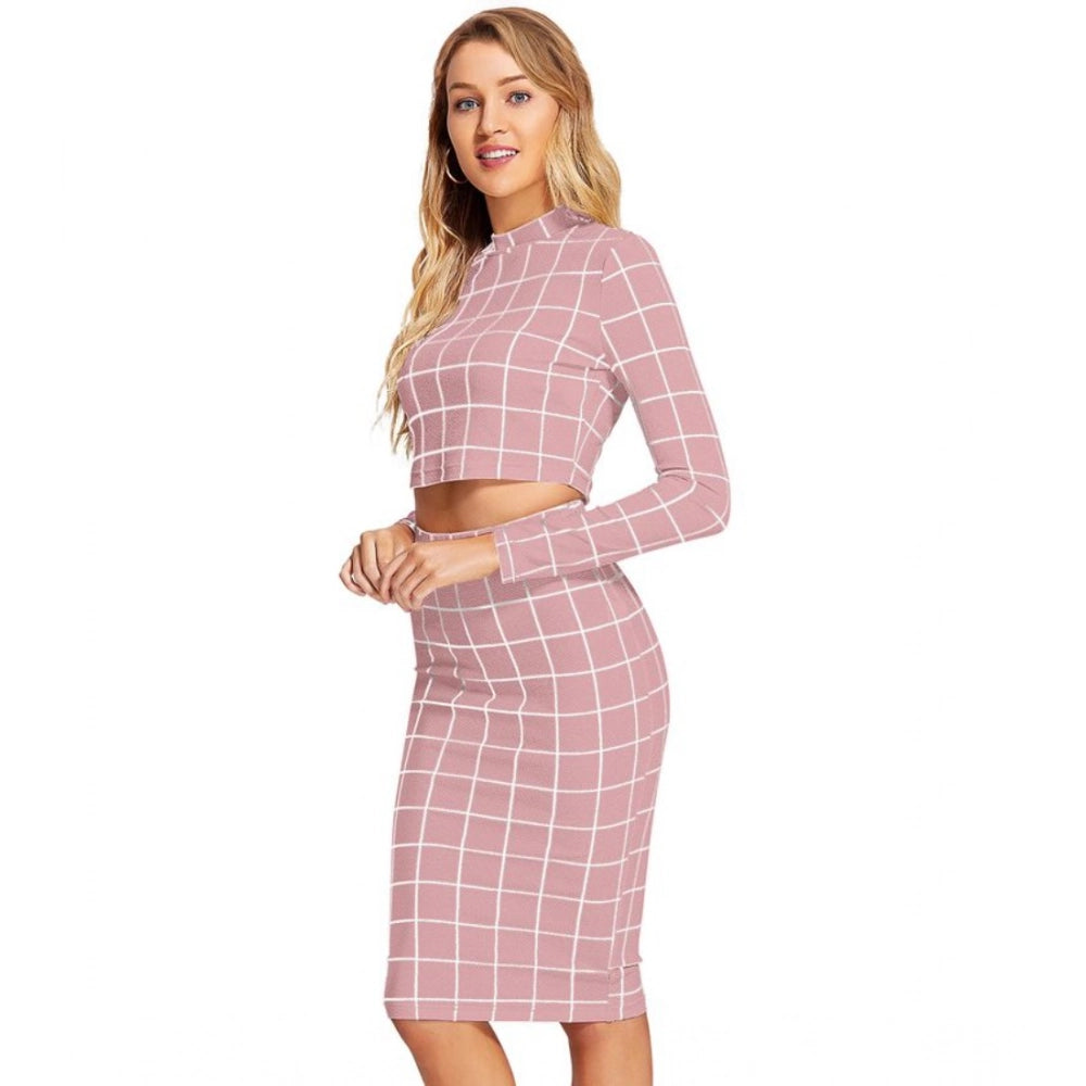 Pink polyester checkered crop top & skirt set - full sleeves, stand collar design