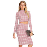 Pink polyester checkered full sleeves crop top & skirt set - vibrant fashionable outfit for women