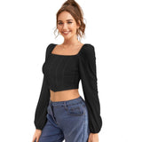 Black polyester solid long sleeves square neck top for women