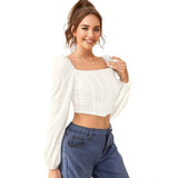 White polyester long sleeve square neck top, solid design for women's casual wear
