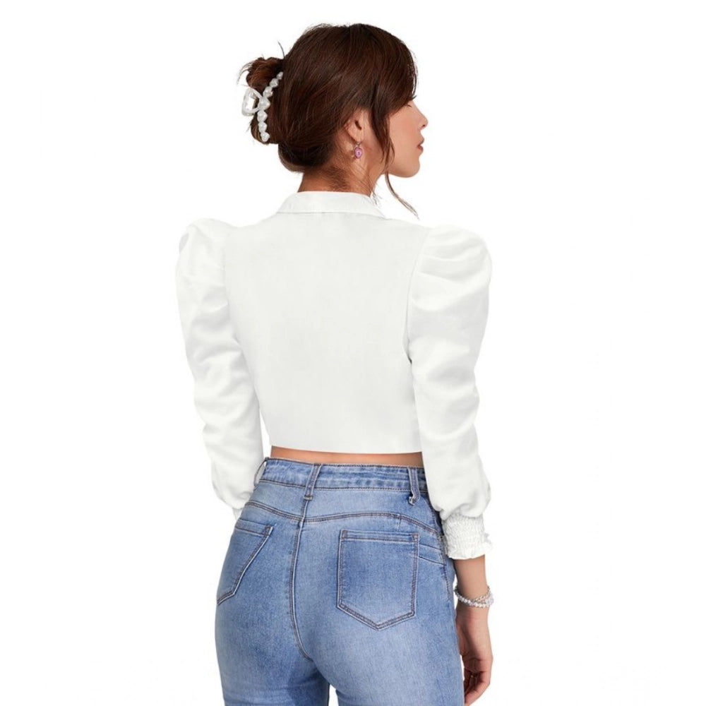 White polyester puff sleeves lapel collar top - solid style for women's fashion