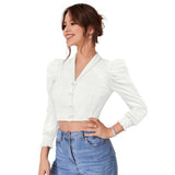 White polyester puff sleeves lapel collar top - solid design for women's fashion