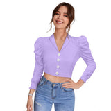 Purple polyester puff sleeves lapel collar top - vibrant solid design for women's fashion