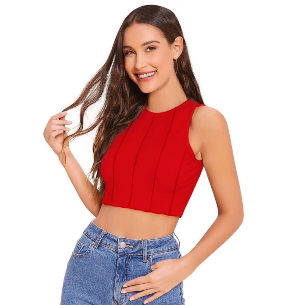 Red polyester solid sleeveless round neck top for women's fashion