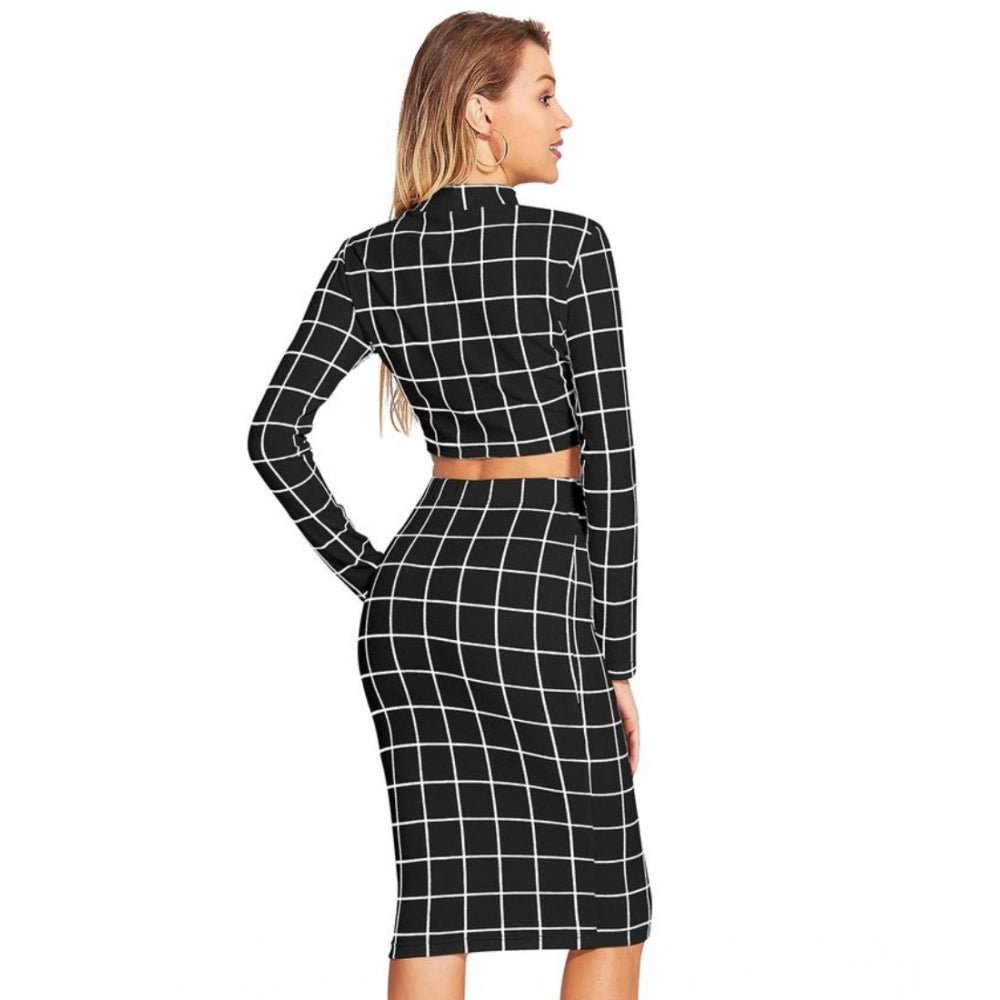 Black polyester checkered full sleeves crop top skirt set