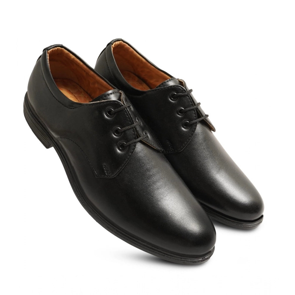 Black faux leather formal lace-up shoes for men - solid pattern on feet