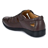 Brown faux leather casual sandal with solid design and Velcro closure for men's outdoor use