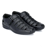 Black faux leather casual sandal with velcro closure, ideal for men's comfortable summer footwear