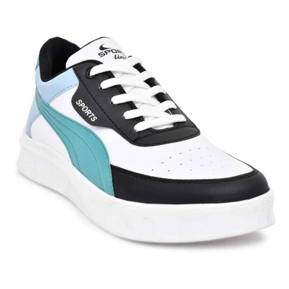 Blue synthetic lace-up sneakers for men - solid design on display stand