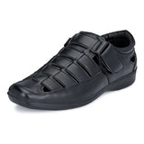 Black faux leather men's casual sandal with solid design, featuring Velcro closure