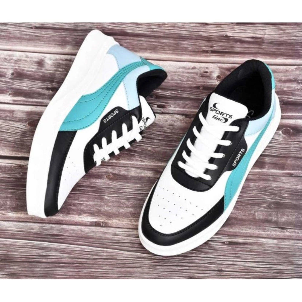 Blue synthetic solid lace-up sneakers for men, close-up view on model's feet