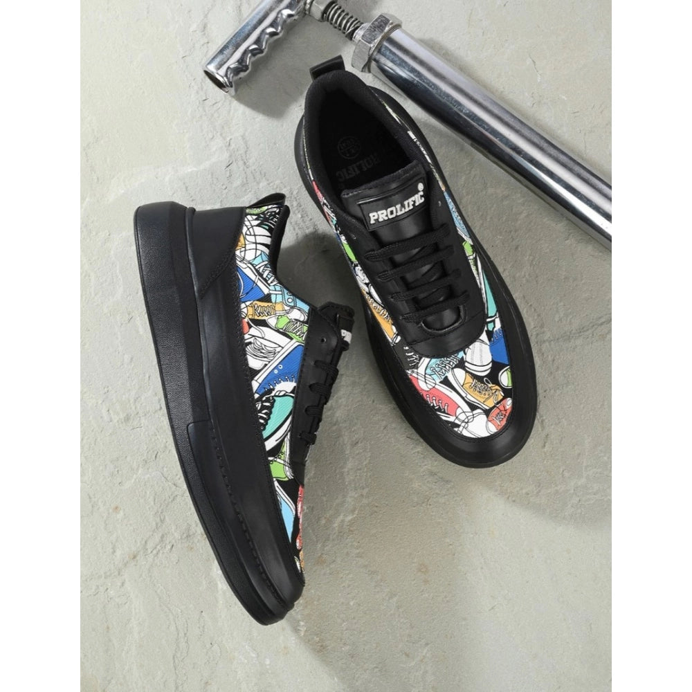 Black synthetic printed lace-up men's sneakers, casual footwear on white background