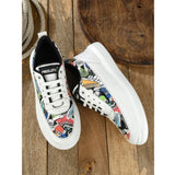 White synthetic printed lace-up sneakers for men's casual wear, featuring a PVC sole on foot