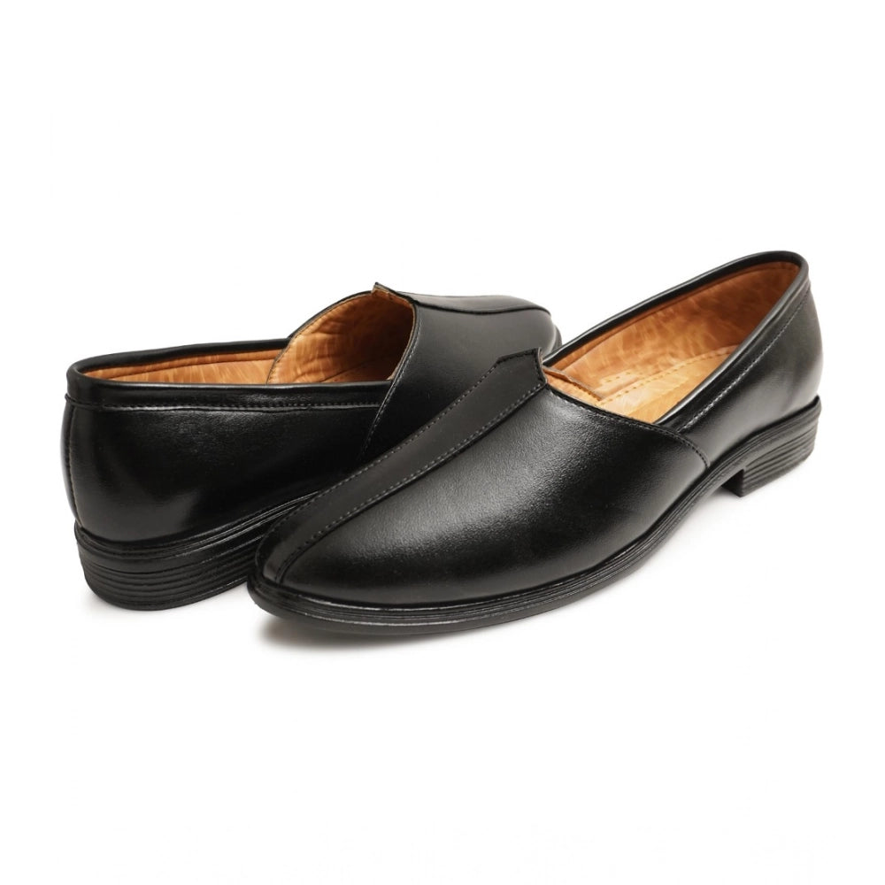 Black faux leather slip-on formal shoes - men's casual juttis for a sophisticated look
