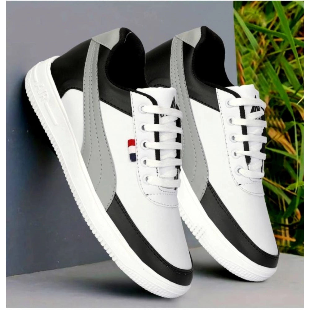 Black synthetic lace-up sneakers for men's casual wear, solid design on feet